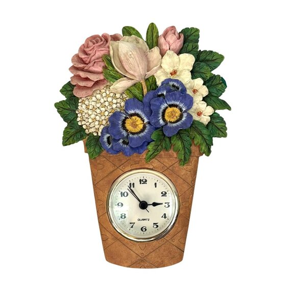 Wall Clock In Flower Pot Design With Multicolor Flowers Decorative Timepiece - Picture 3 of 7